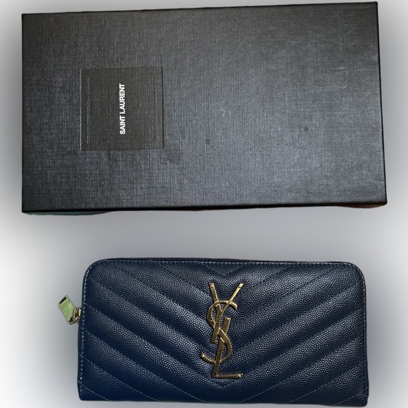 Saint Laurent Handbags - Saint Laurent Navy Blue Wallet with Gold YSL 🔥